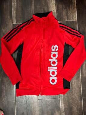 Adidas Track Jacket Size (10/12) Red Black Full Zip Logo